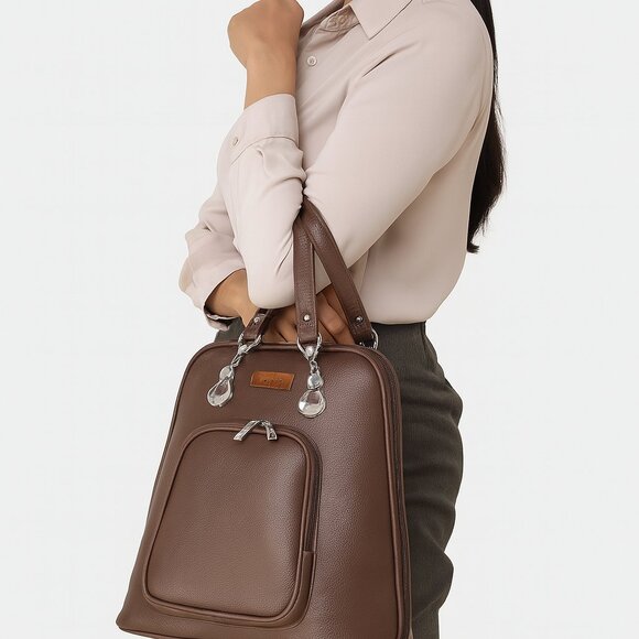 Ladies’ Brown Vegan Leather Backpack – Top Handle Daypack - Picture 2 of 10